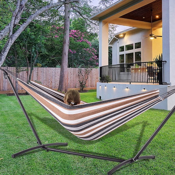 Cotton Camping Hammock Classic Hammock with 9 ft Steel Stand Brown Striped 450 lb Capacity
