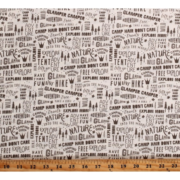 Cotton Camping Words Phrases Campers Woods Trees Glamp Camp Cream Cotton Fabric Print by the Yard (C12354-CREAM)