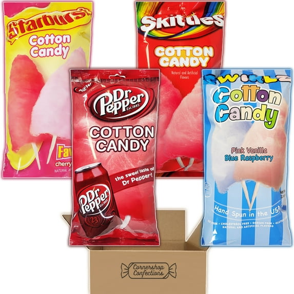 Cotton Candy 4 Flavor Variety - Skittles - Starburst - Dr Pepper - Swirlz Pink Vanilla & Blue Raspberry - 1, 3.1oz Bag Of Each in Cornershop Confections Pack