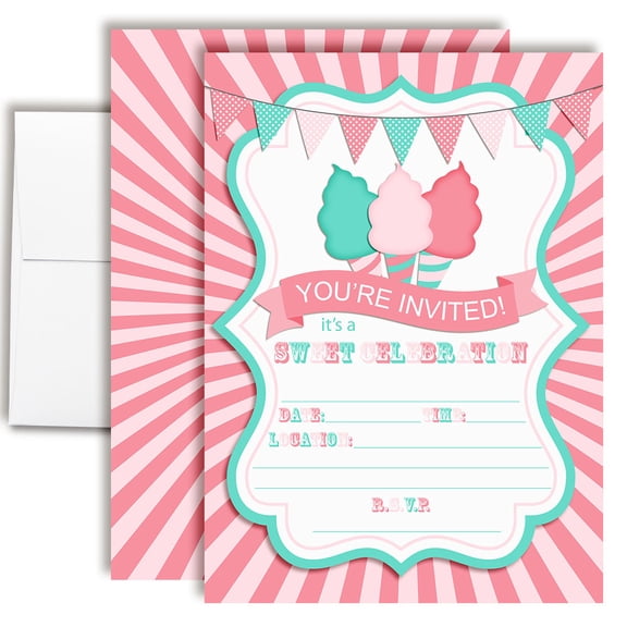 Cotton Candy Birthday Invitations for Kids, 20 Fill-In Cards with Envelopes, 5x7 Children's Birthday Party Invitations, Birthday Party Supplies, Made in USA by Amanda Creation