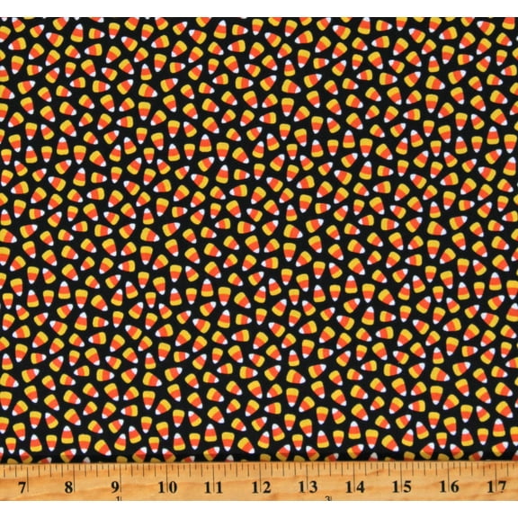 Cotton Candy Corn Candies Halloween Autumn Fall Gnomes Night Out Black Cotton Fabric Print by the Yard (24665-99)