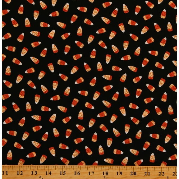 Cotton Candy Corn Halloween Pumpkins Spooky Night Black Cotton Fabric Print by the Yard (5721-99)