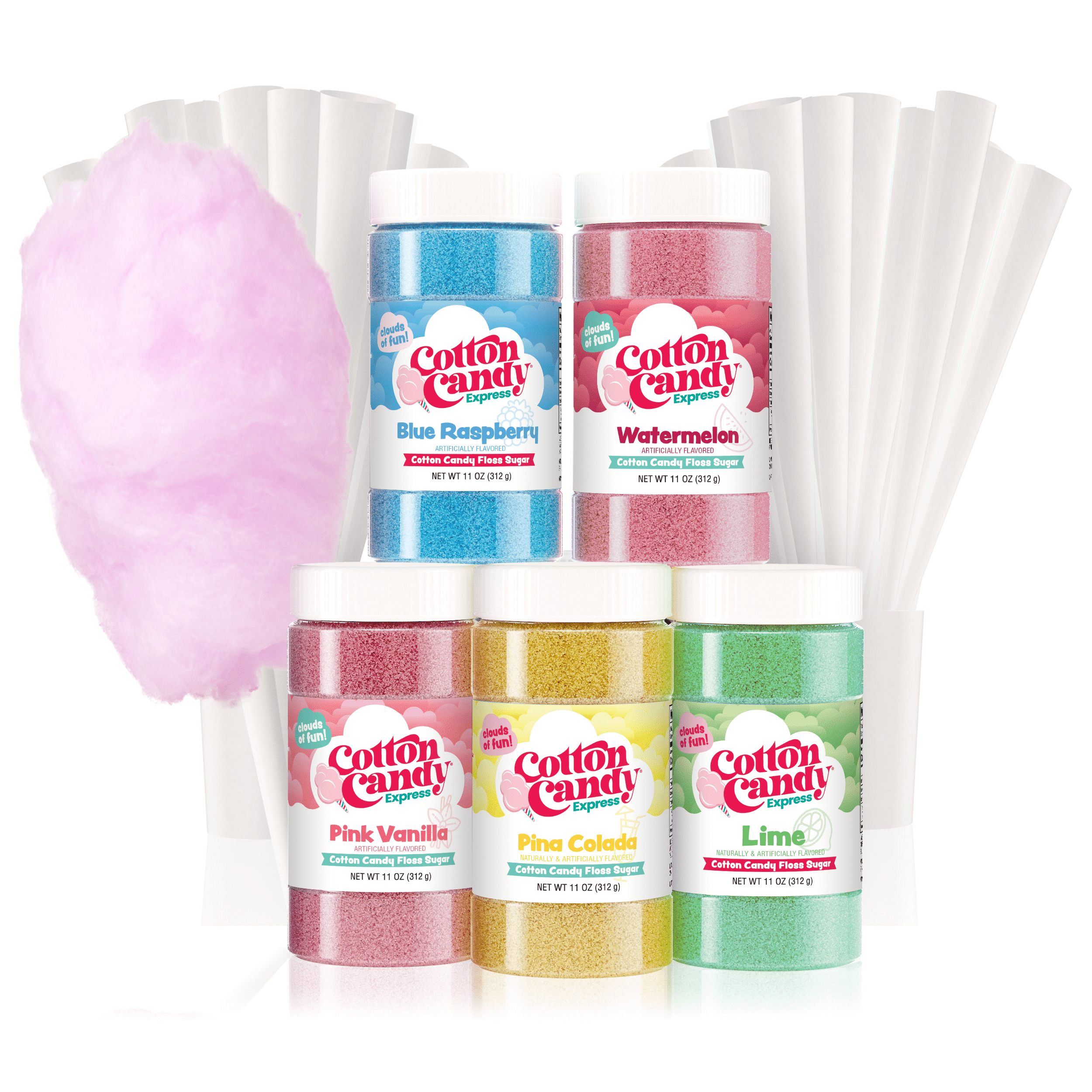 Cotton Candy Express Cotton Candy 5 Flavor Floss Sugar Pack with 50 Cones