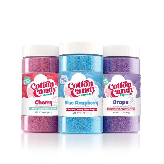 Cotton Candy Express Floss GGA1 Sugar Variety Pack with 3 - 11oz Plastic Jars of Cherry, Blue Raspberry & Grape Flossing Sugars. Use With Cotton Candy Express Countertop Machine