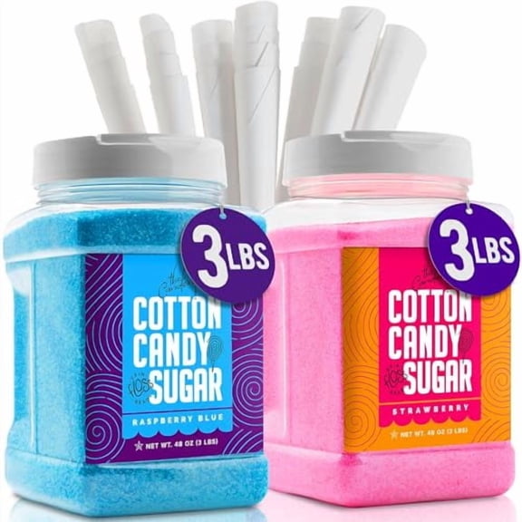 Cotton Candy Floss Sugar (2-Pack) Includes 100 Premium Cones | Raspberry Blue and Strawberry | Plastic, Reusable Jars | Easy Pour Spout or Scoop | Includes Scooper | 3 LBS Jars