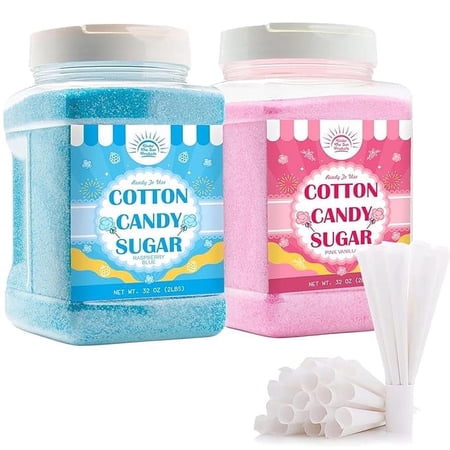 Cotton Candy Floss Sugar Package of 2ct-(Pink Vanilla and Blue Raspberry)-2lb Each Flavor- (2ct-2lb Jars with 100 Cones)