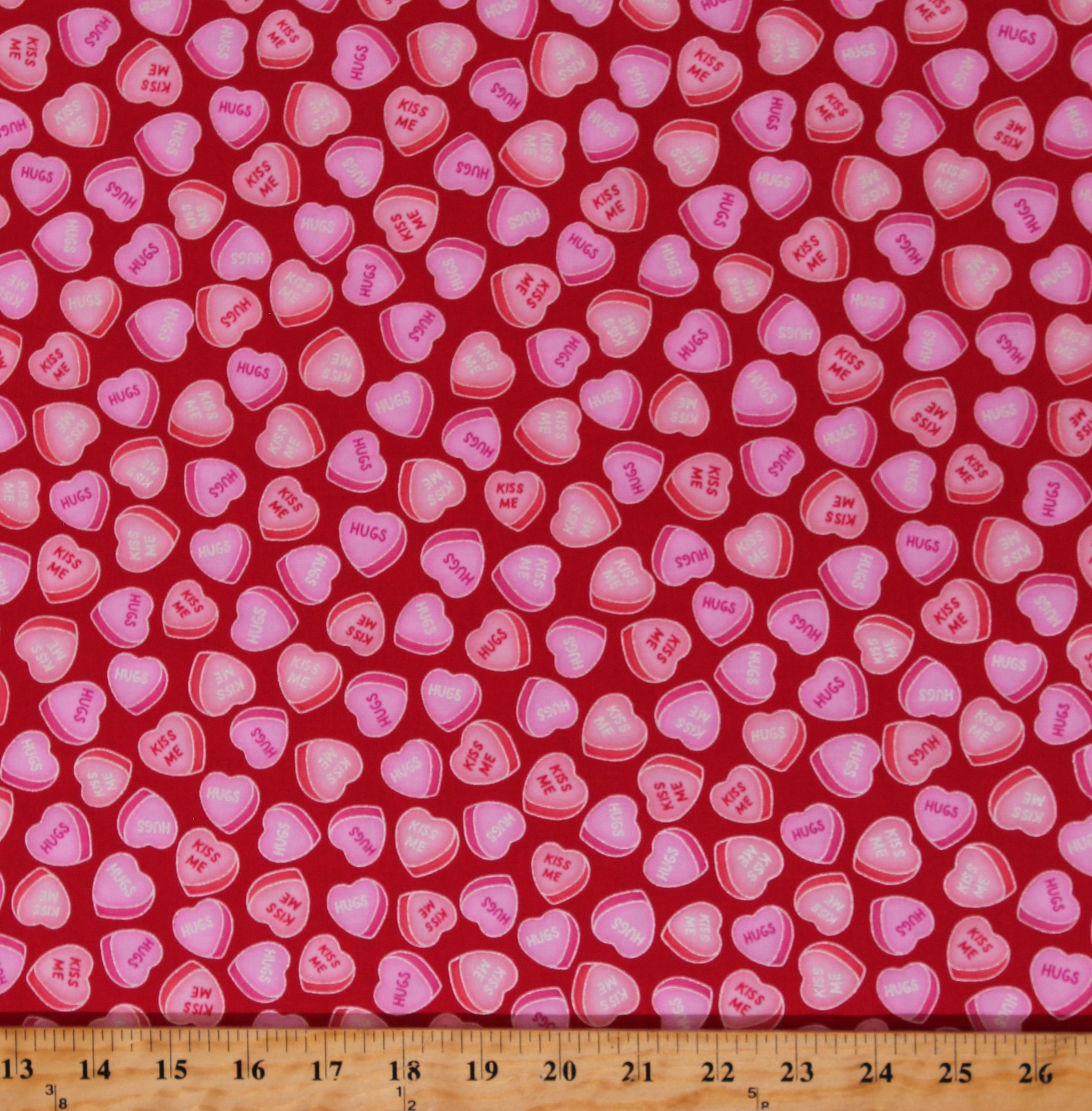 Cotton Candy Hearts Valentine's Day Conversation Hearts Sweethearts Love XOXO Hugs and Kisses Red Cotton Fabric Print by the Yard (12564P-10)