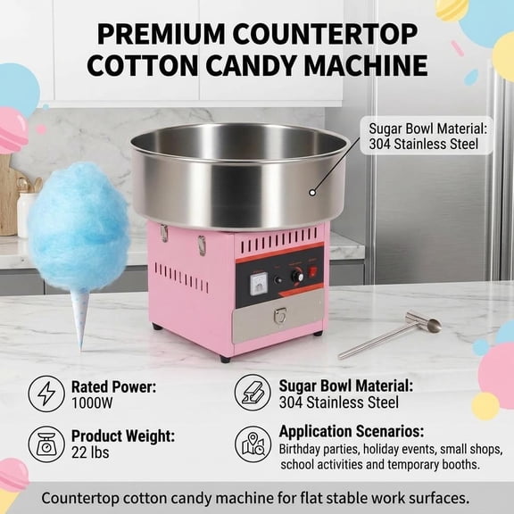 Cotton Candy Machine, 1000W Electric Commercial Retro Candy Floss Maker with Sugar Scoop, Stainless Steel Bowl, Easy to Use/Clean, Perfect for Home, Party, Carnival, Kids Birthday, Festival