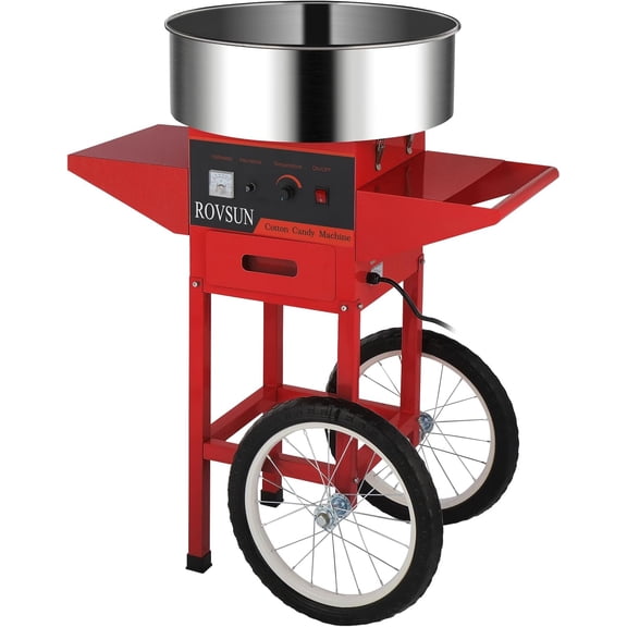 Cotton Candy Machine with Cart, 980W Red Candy Floss Cart Machine with 21 Inch Stainless Steel Bowl, Sugar Scoop & Storage Drawer, Easy Use at Home, Markets, Parties and Events