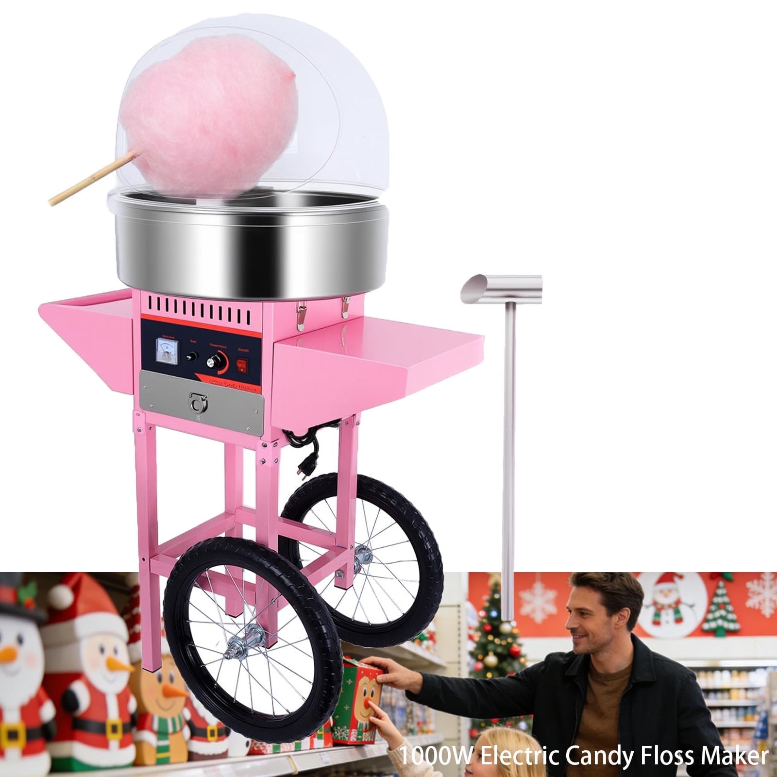 Cotton Candy Machine with Cart and Wheel, Gumball Machine For Kids, 2 Side Trays Support Continuous 1-Hour Fault Free Operation, Up To 6 Per Minute by Gift (Pink)