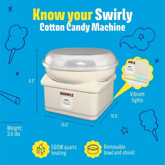 Cotton Candy Maker Machine (Cream) 500W Fast Heating, Removable Bowl & Shield, LED Lights, Stable Bowl, Candy Floss Machine for Home, Kids Parties & Family Use