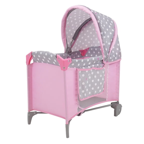 Cotton Candy Pink Doll Play Yard in Grey Polka Dots, Fits Dolls Up to 18"