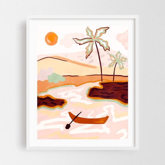 Cotton Candy Skies - India Illustration Tropical Palm Tree Minimalist Pastel Abstract Desert Boat White Framed Wall Art Print 6 x 8 inches
