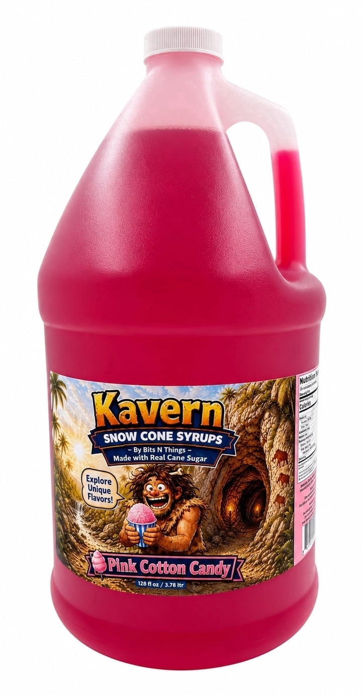 Kavern Pink Cotton Candy Flavoring Syrup 1 Gallon - Shaved Ice, Snow Cones, Snowballs & Frozen Desserts - Made with Real Cane Sugar - Bits N Things