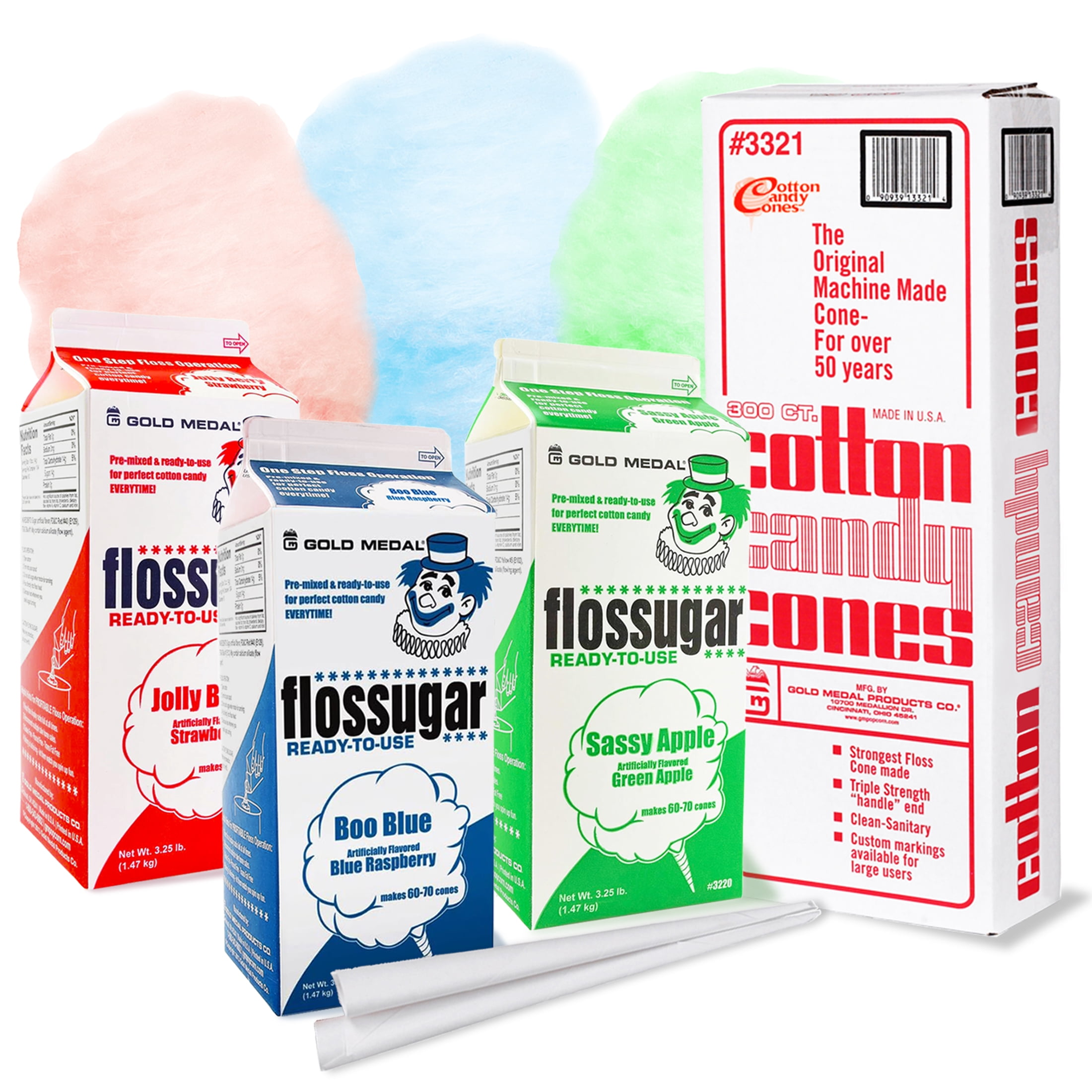 Cotton Candy Sugar Floss and 300 Cotton Candy Cones - 3 Pack, 52oz ...