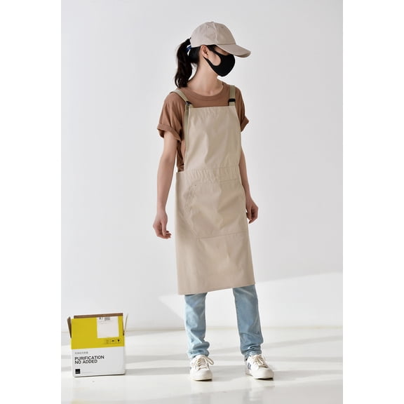 Cotton Canvas Aprons Solid Color Kitchen Garden Square Smock for Women Girls with Pockets- khaki