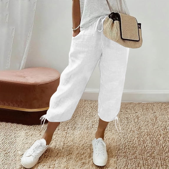 Cotton Capri Pants for Women Drawing High WaistedCasual Lounge Pant Summer Capris Adjustable Drawstring with Pockets