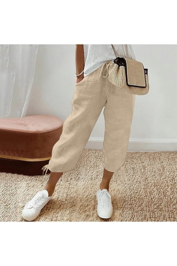 Cotton Capri Pants for Women Drawing High WaistedCasual Lounge Pant Summer Capris Adjustable Drawstring with Pockets