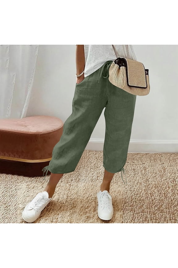 Cotton Capri Pants for Women Drawing High WaistedCasual Lounge Pant Summer Capris Adjustable Drawstring with Pockets
