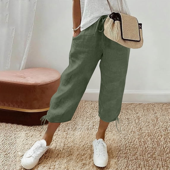 Cotton Capri Pants for Women Drawing High WaistedCasual Lounge Pant Summer Capris Adjustable Drawstring with Pockets