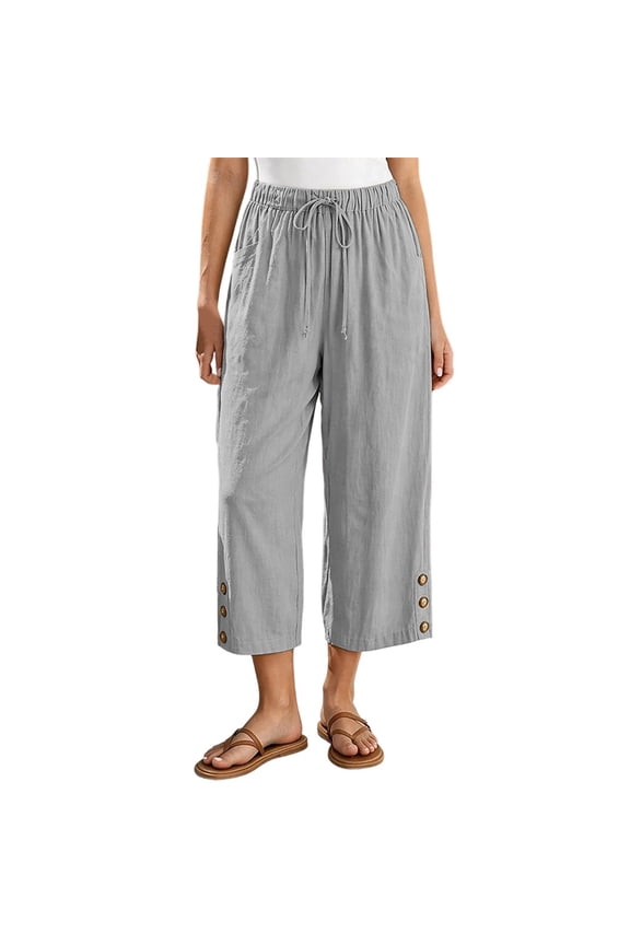 Cotton Capri Pants for Women Elastic High Waist Drawstring Wide Leg Pants Summer Vacation Trousers with Pockets