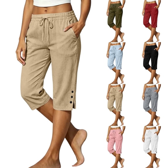 Cotton Capri Pants for Women Ihhxva Drawstring with Pockets Elastic Waist Button Detail Summer Casual Side Slit Trousers S-2XL
