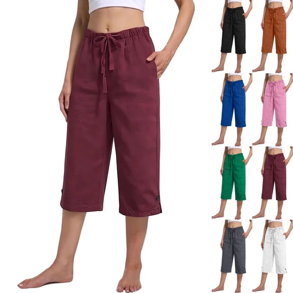 Cotton Capri Pants for Women Loose Fit Straight Leg Drawstring Elastic Waist Cropped Pant Casual Summer Linen Clothes Wine S