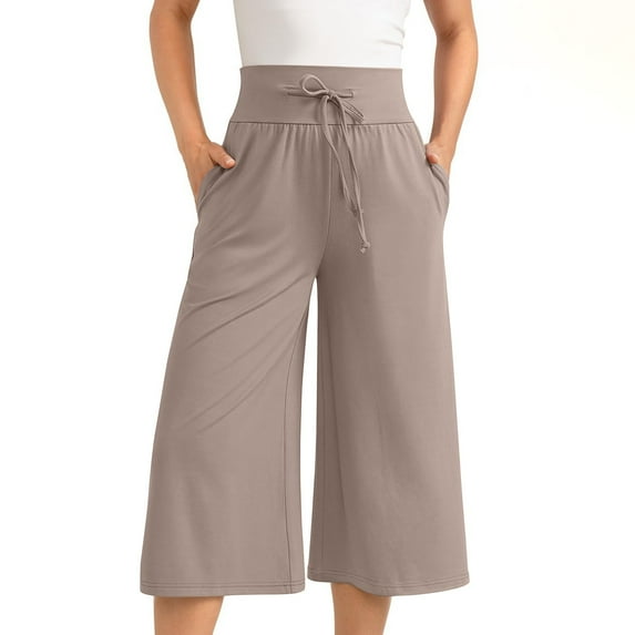 Cotton Capris for Women Summer Lounge Drawstring High Waist Wide Leg Crop Pants with Pockets Casual Sweatpants (S, Gray 01)