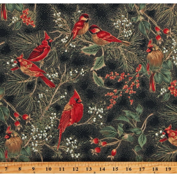 Cotton Cardinals Winter Christmas Holly Berries Leaves Branches Gold Metallic Shimmer Hoffman Christmas Classics Black Cotton Fabric Print by the Yard (H8821-4G-BLACK-GOLD)