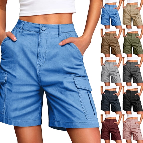 Cotton Cargo Bermuda Shorts for Women High Waisted Straight Leg Relaxed Fit Cargo Breathable Durable Cargo Shorts with Multi-pocket , #02 Blue, M