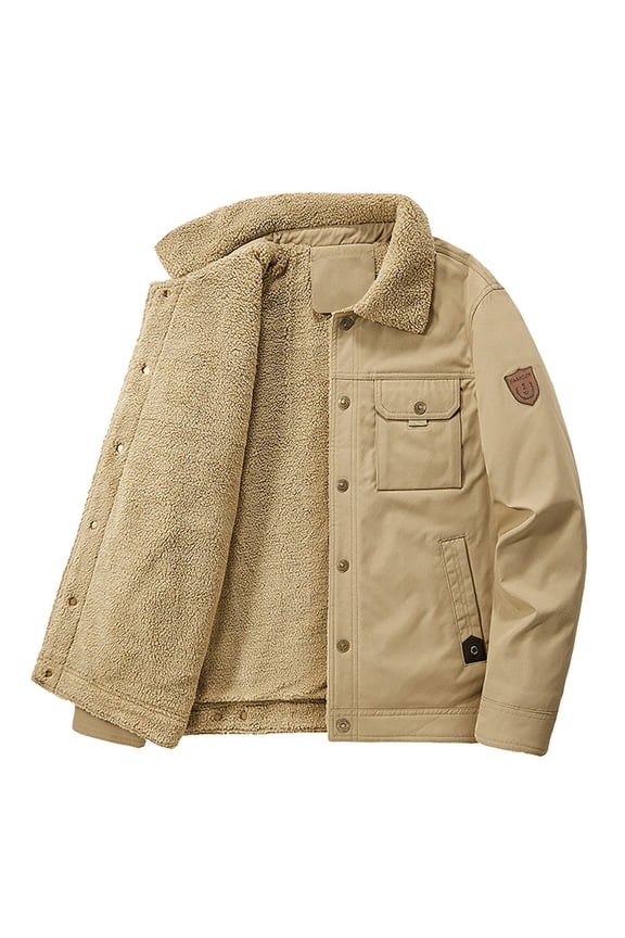 Cotton Cargo Jacket Fleece Lined Work Jacket s Trucker Jacket Men's Thick Thermal Lapel Cargo Jacket Khaki,M