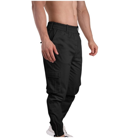 Cotton Cargo Joggers Men Elastic Waist with Belt Loops Workout Pants Casual Outdoors Black XS