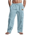 thumbnail image 1 of Cotton Cargo Pants For Men Elastic Waist Drawstring Utility Sweatpants Casual Work Light Blue S, 1 of 6