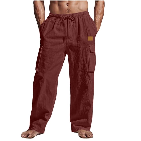 Cotton Cargo Pants For Men Elastic Waist Drawstring Utility Sweatpants Casual Work Wine S