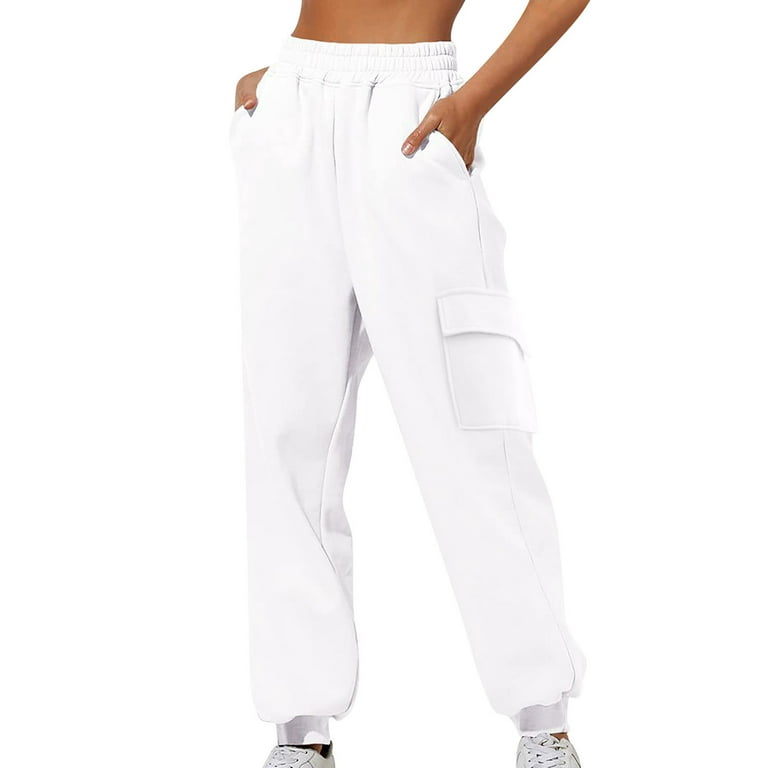 Cotton Cargo Pants for Women with Fleece Lined Multi Pockets Cinched Bottom  Wide Leg Sweatpants Sports Casual (Medium, White)