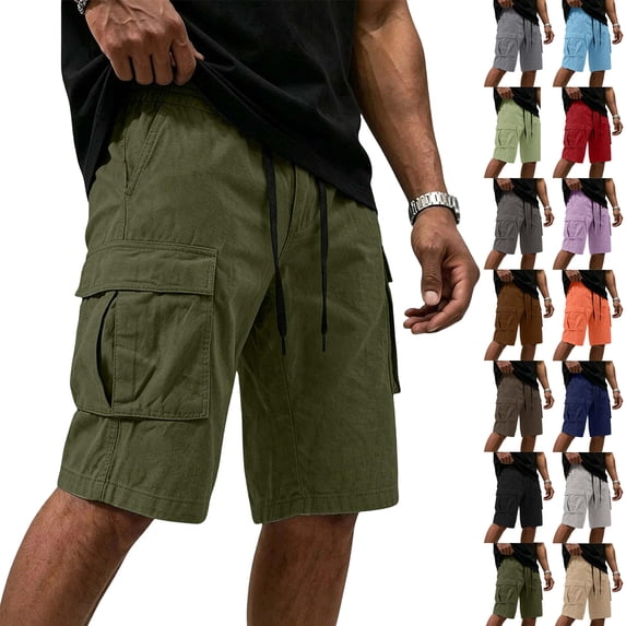 Cotton Cargo Shorts for Men Elastic Waist Drawstring, Relaxed Fit Side Multi-Pocket Lightweight Breathable Summer Work Shorts for Outdoor Hiking Travel Casual Wear, S-4XL