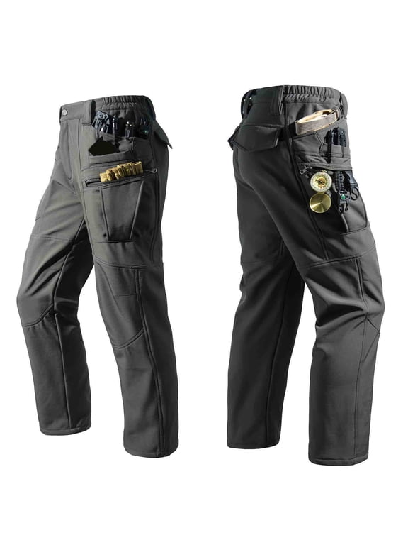 Cotton Cargo Tactical Pants For Men Elastic Waist Multi-Pocket Fleece Lined Work Outdoors Hiking Pants Gray L