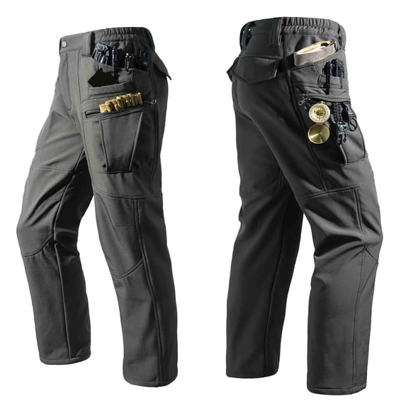 Cotton Cargo Tactical Pants For Men Elastic Waist Multi-Pocket Fleece Lined Work Outdoors Hiking Pants Gray M