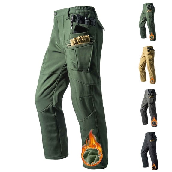 Cotton Cargo Tactical Pants For Men Elastic Waist Multi-Pocket Fleece Lined Work Outdoors Hiking Pants Green 3XL
