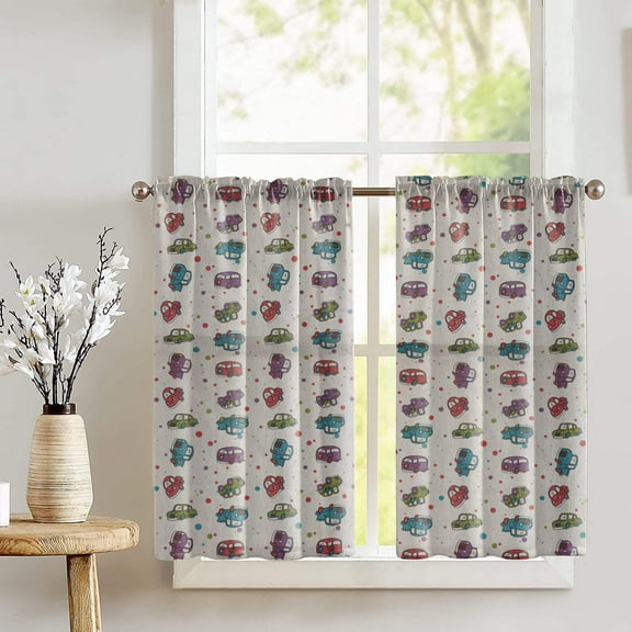 Cotton Cars and Trucks Print Café Tier Curtains Window Treatment Kitchen Home Décor