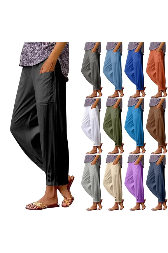Cotton Casual Ankle Pants for Women Elastic High Waisted Loose Lantern Tapered Harem Pants with Pockets, #01 Black M