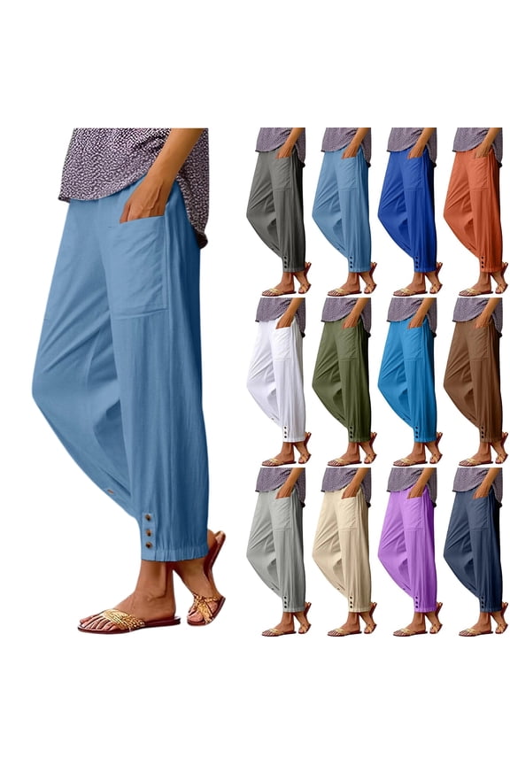 Cotton Casual Ankle Pants for Women Elastic High Waisted Loose Lantern Tapered Harem Pants with Pockets, #01 Blue M