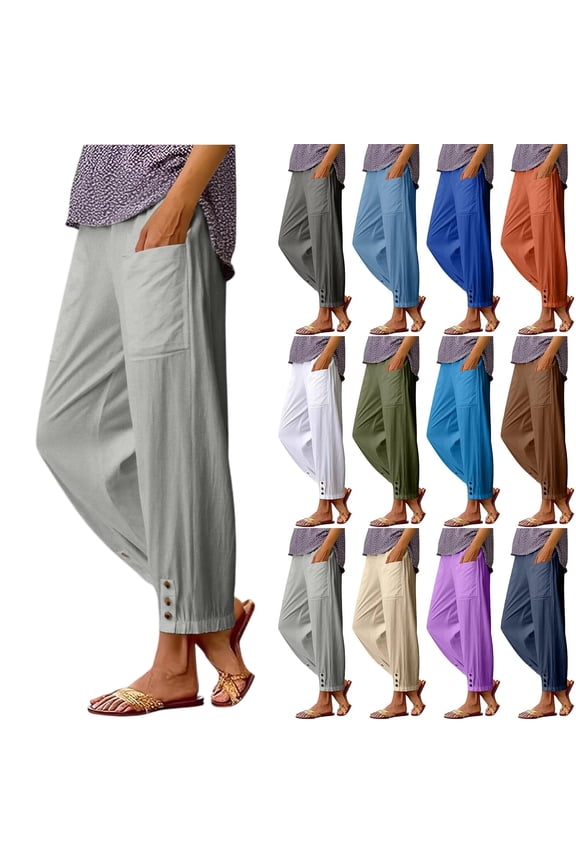 Cotton Casual Ankle Pants for Women Elastic High Waisted Loose Lantern Tapered Harem Pants with Pockets, #01 Light Gray S