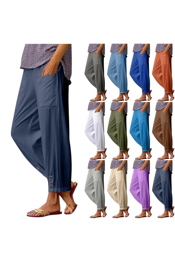 Cotton Casual Ankle Pants for Women Elastic High Waisted Loose Lantern Tapered Harem Pants with Pockets, #01 Navy S