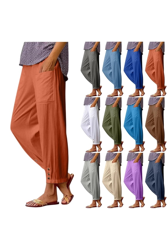 Cotton Casual Ankle Pants for Women Elastic High Waisted Loose Lantern Tapered Harem Pants with Pockets, #01 Orange S