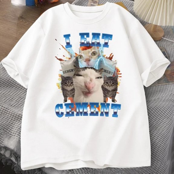 Cotton Casual Eat Cement Cat Graphic Tee T Shirt Tops Short Sleeve Round Neck White S-5XL