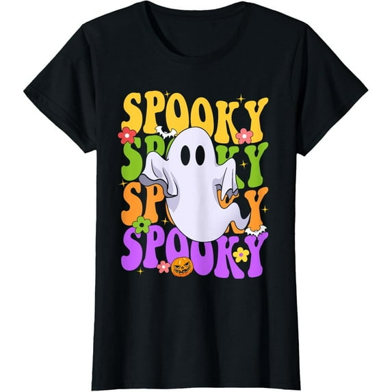 Cotton Casual Halloween Retro Ghost Graphic Tee T Shirt Top Groovy Spooky Vibes Crewneck Black S-5XL