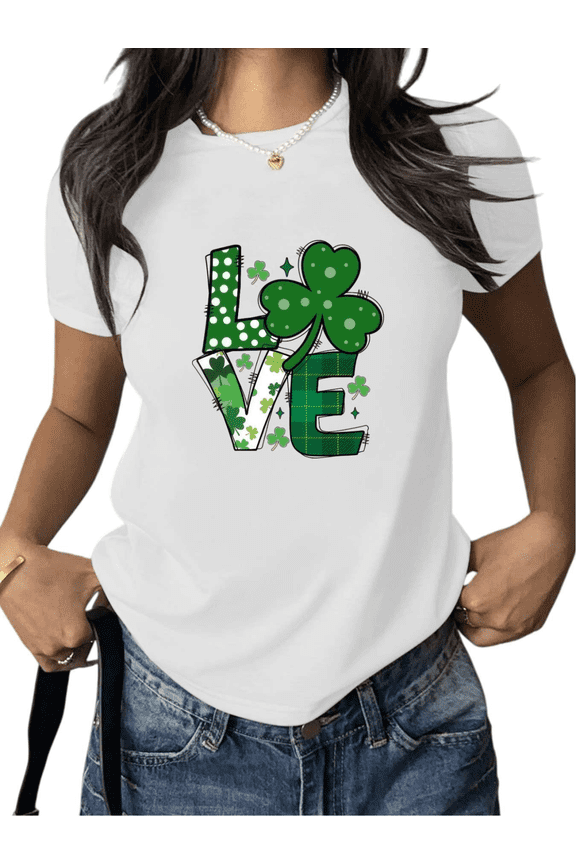 Cotton Casual St Patrick’s Day Love Letter Clover Plaid Polka Dot White Graphic Tshirt Tees Soft Tops Short Sleeve White S-5XL