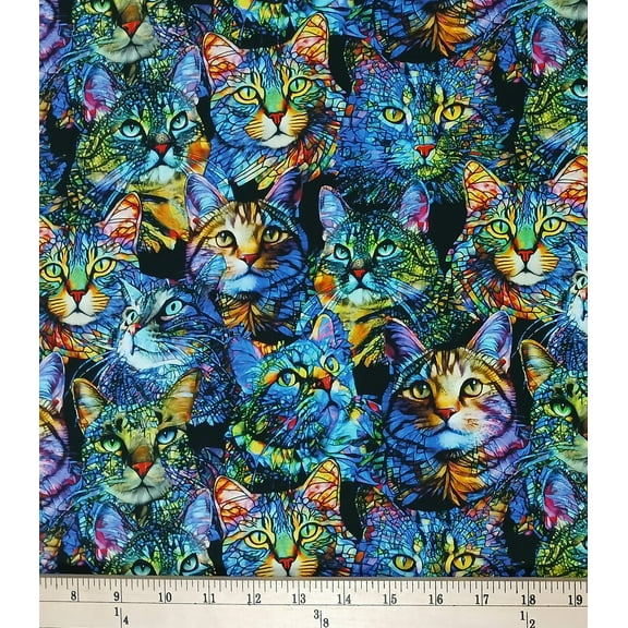 Cotton Cat Artistry Portraits Cats Stained Glass Look Kittens Pets on Black Benartex Cotton Fabric Print by the Yard (16734-99)