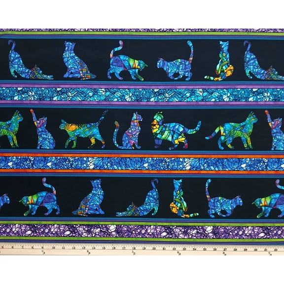 Cotton Cat Artistry Stripe Stained Glass Look Cats Rainbow Stripes Benartex Cotton Fabric Print by the Yard (16733-12)